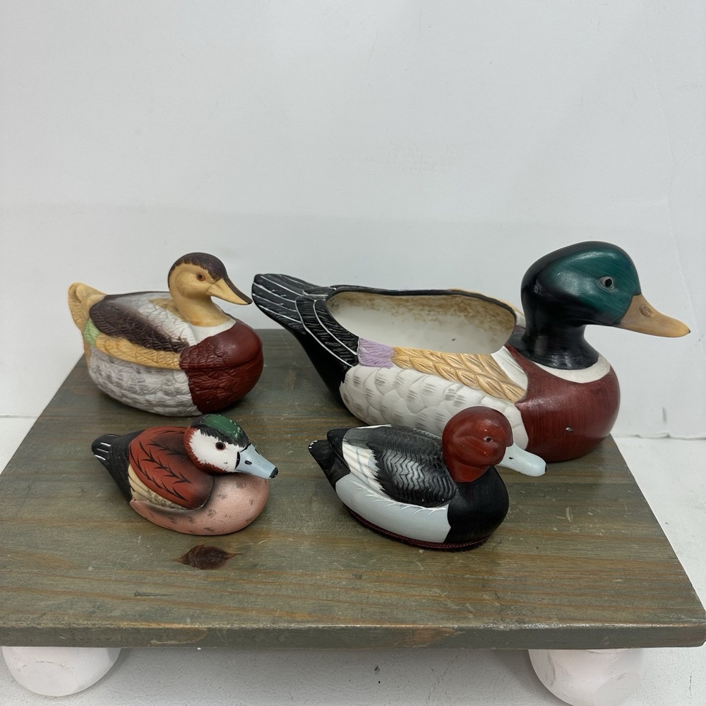 4 Vintage Jasco Hand Painted Ceramic Mallard Duck Planter Trinket Dish Figurine